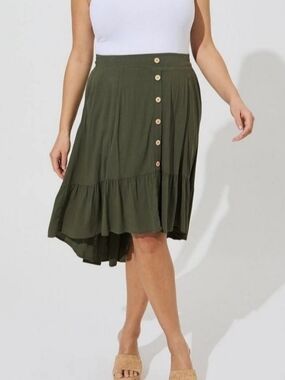 torrid 4x Olive Green Midi Lenny Hi Low Tiered Button-Front Skirt